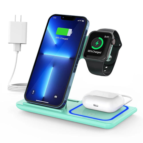2025 Enhanced 18W 3-in-1 Wireless Charging Station for iPhone 16/15/14/13/12/11 Pro/Xs, AirPods 4/3/2/1/Pro, and Apple Watch Series 10/9/8/7/6/5/4/3, Compatible with Samsung Phones (Green)