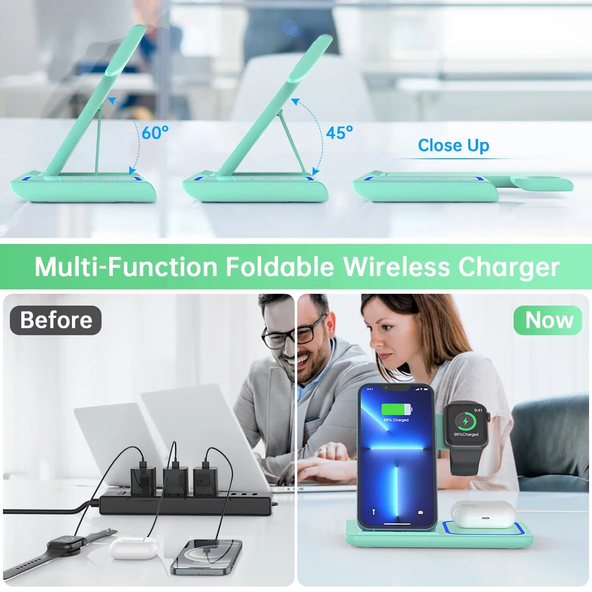 2025 Enhanced 18W 3-in-1 Wireless Charging Station for iPhone 16/15/14/13/12/11 Pro/Xs, AirPods 4/3/2/1/Pro, and Apple Watch Series 10/9/8/7/6/5/4/3, Compatible with Samsung Phones (Green)