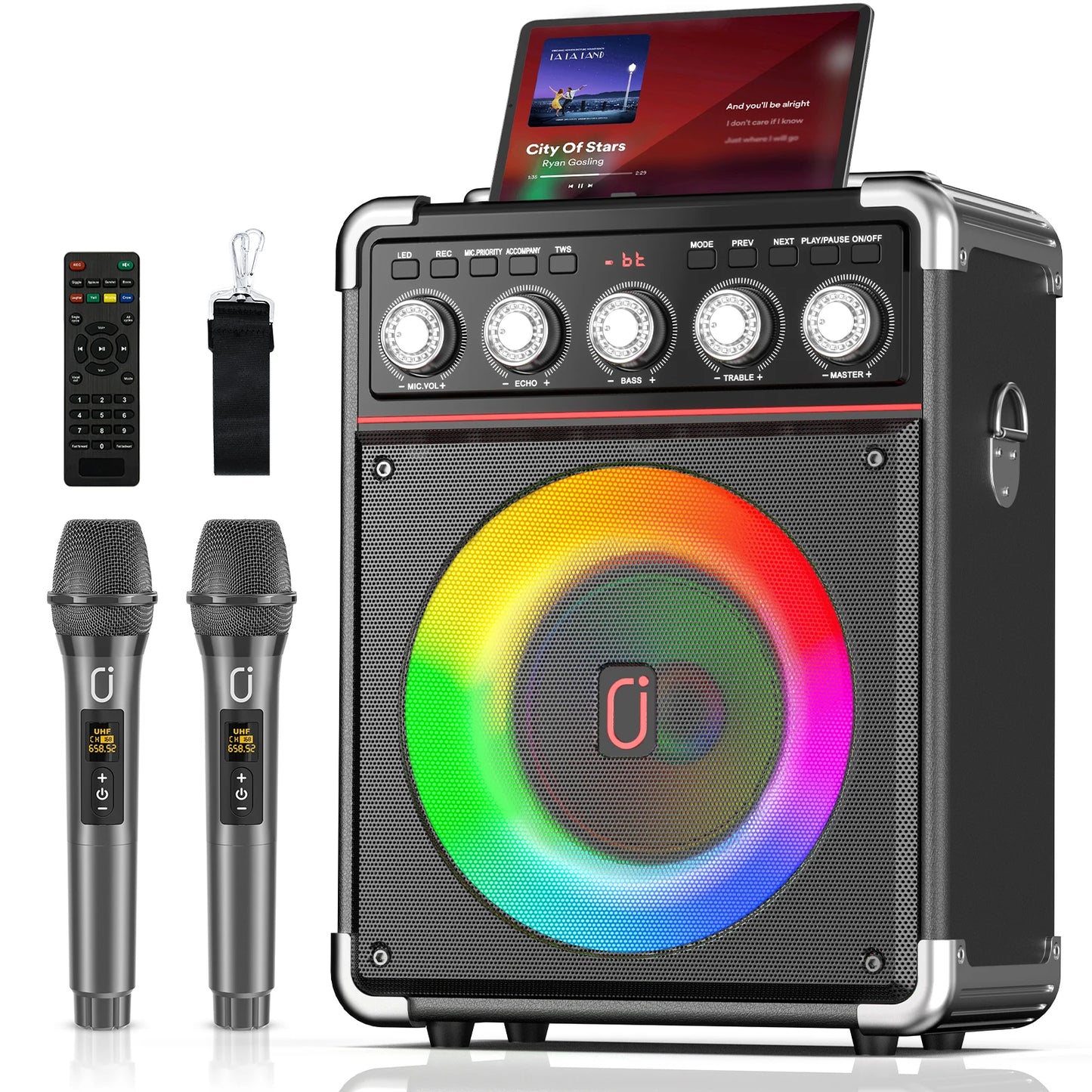 Unleash the Fun with the FanFun Karaoke Speaker: Bluetooth Portable Speaker with 2 Microphones and Dazzling LED Lights for Ultimate Outdoor Parties!