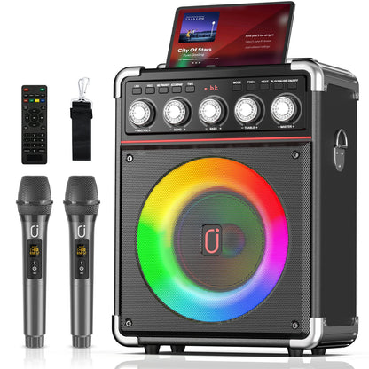 Unleash the Fun with the FanFun Karaoke Speaker: Bluetooth Portable Speaker with 2 Microphones and Dazzling LED Lights for Ultimate Outdoor Parties!