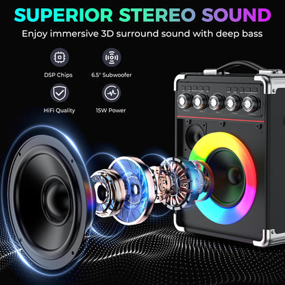 Unleash the Fun with the FanFun Karaoke Speaker: Bluetooth Portable Speaker with 2 Microphones and Dazzling LED Lights for Ultimate Outdoor Parties!