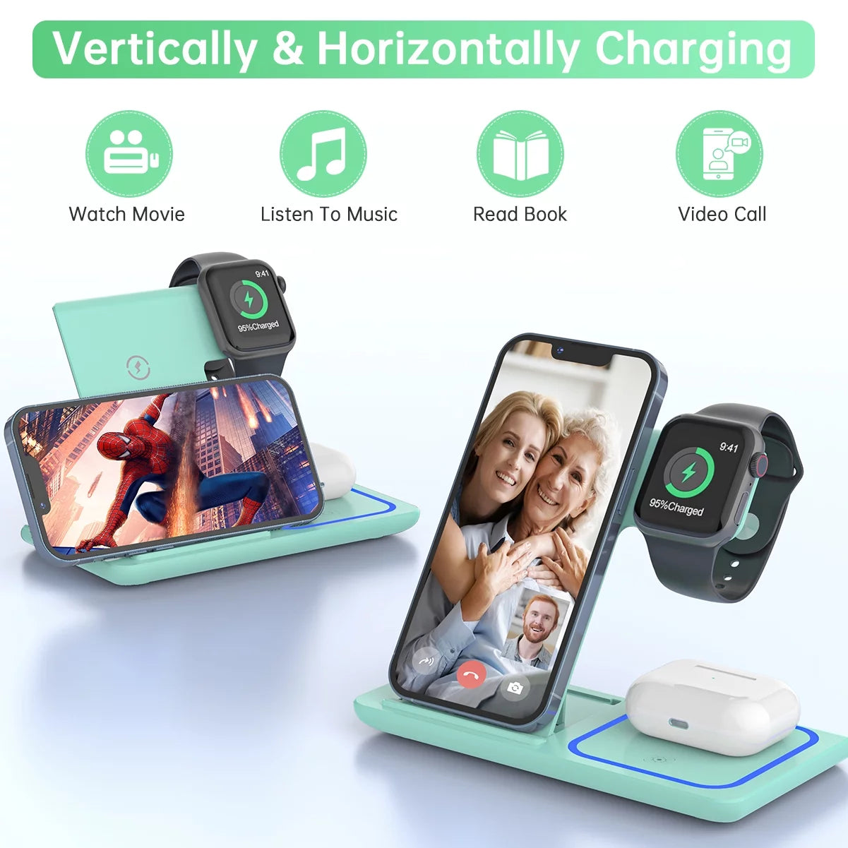 2025 Enhanced 18W 3-in-1 Wireless Charging Station for iPhone 16/15/14/13/12/11 Pro/Xs, AirPods 4/3/2/1/Pro, and Apple Watch Series 10/9/8/7/6/5/4/3, Compatible with Samsung Phones (Green)