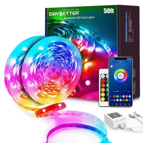 50Ft Color Changing LED Strip Lights with Music Sync, Remote Control, and Timer Schedule for Bedroom and Room Ambiance (App, Remote, and Microphone Included)