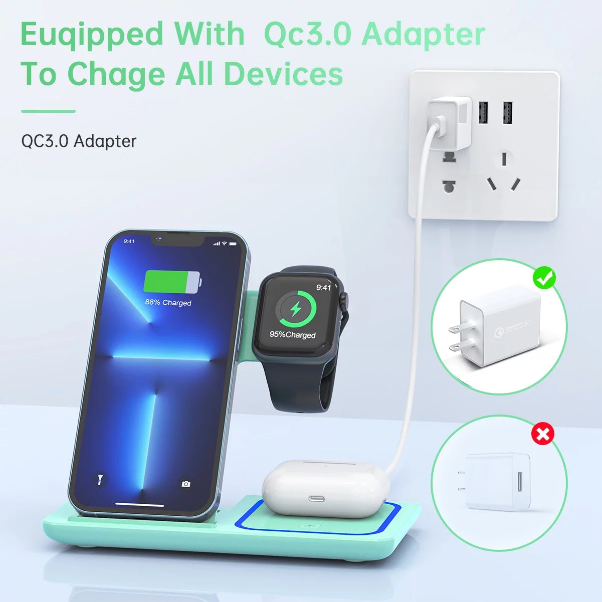 2025 Enhanced 18W 3-in-1 Wireless Charging Station for iPhone 16/15/14/13/12/11 Pro/Xs, AirPods 4/3/2/1/Pro, and Apple Watch Series 10/9/8/7/6/5/4/3, Compatible with Samsung Phones (Green)