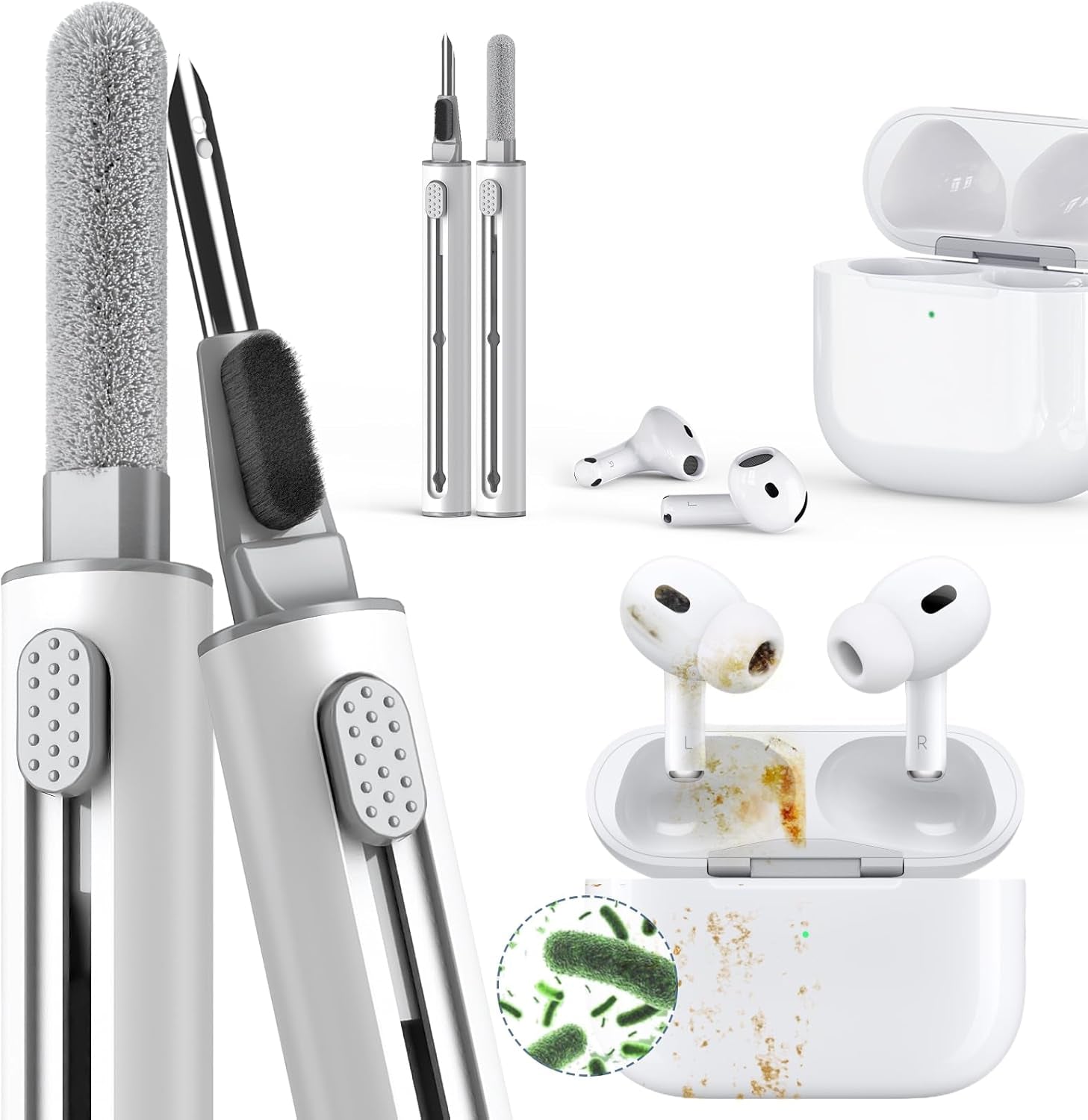 Ultimate Cleaner Kit for AirPods Pro - Multi-Functional Tool for Earbuds, Headphones, iPhone, and More with Soft Brush and Flocking Sponge - Elegant White Design