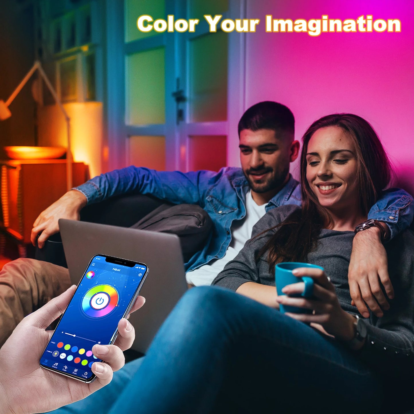 50Ft Color Changing LED Strip Lights with Music Sync, Remote Control, and Timer Schedule for Bedroom and Room Ambiance (App, Remote, and Microphone Included)