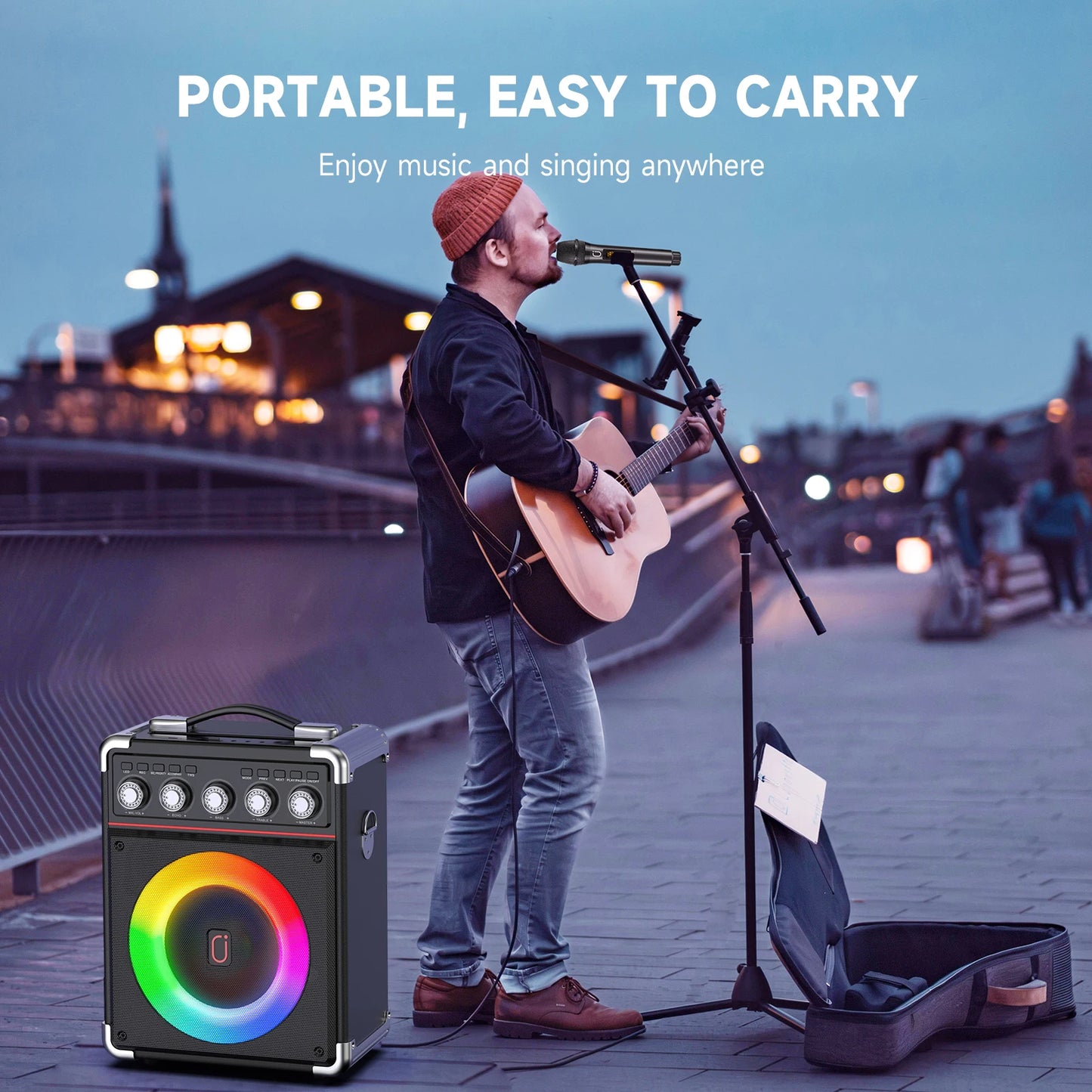 Unleash the Fun with the FanFun Karaoke Speaker: Bluetooth Portable Speaker with 2 Microphones and Dazzling LED Lights for Ultimate Outdoor Parties!