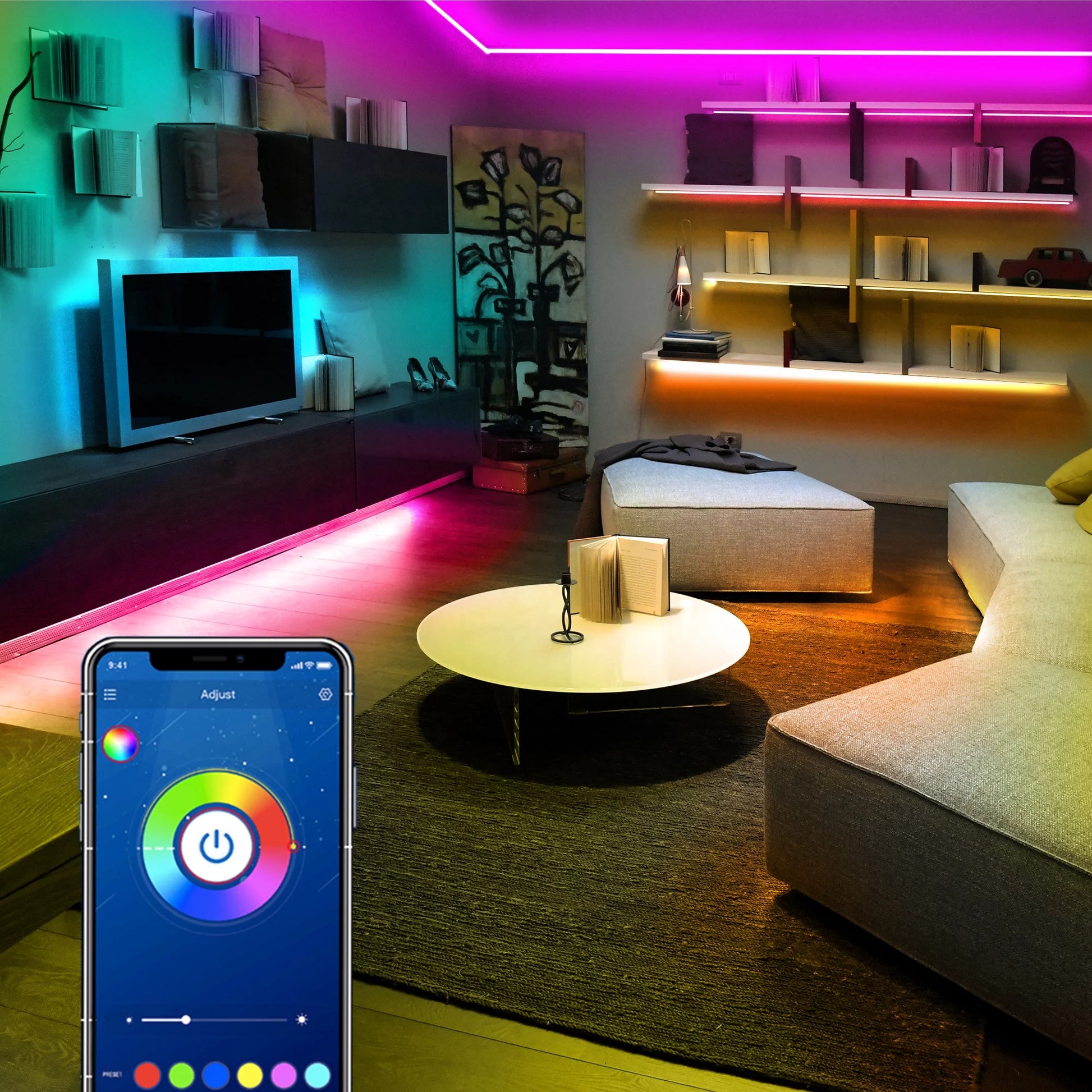 50Ft Color Changing LED Strip Lights with Music Sync, Remote Control, and Timer Schedule for Bedroom and Room Ambiance (App, Remote, and Microphone Included)
