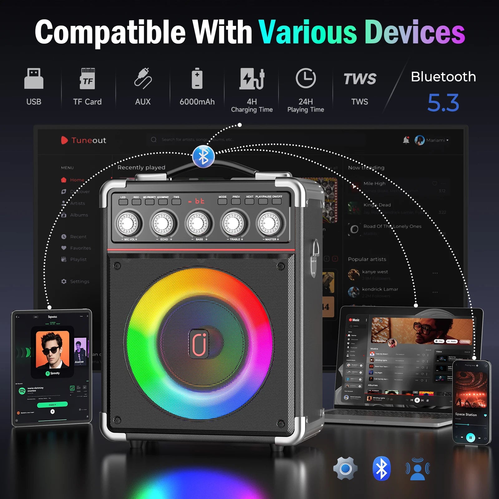 Unleash the Fun with the FanFun Karaoke Speaker: Bluetooth Portable Speaker with 2 Microphones and Dazzling LED Lights for Ultimate Outdoor Parties!