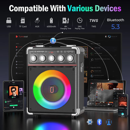 Unleash the Fun with the FanFun Karaoke Speaker: Bluetooth Portable Speaker with 2 Microphones and Dazzling LED Lights for Ultimate Outdoor Parties!